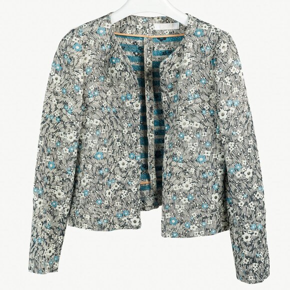 Chloe Blue and Gold Floral Brocade Boxy Cropped Jacket - Picture 1 of 7